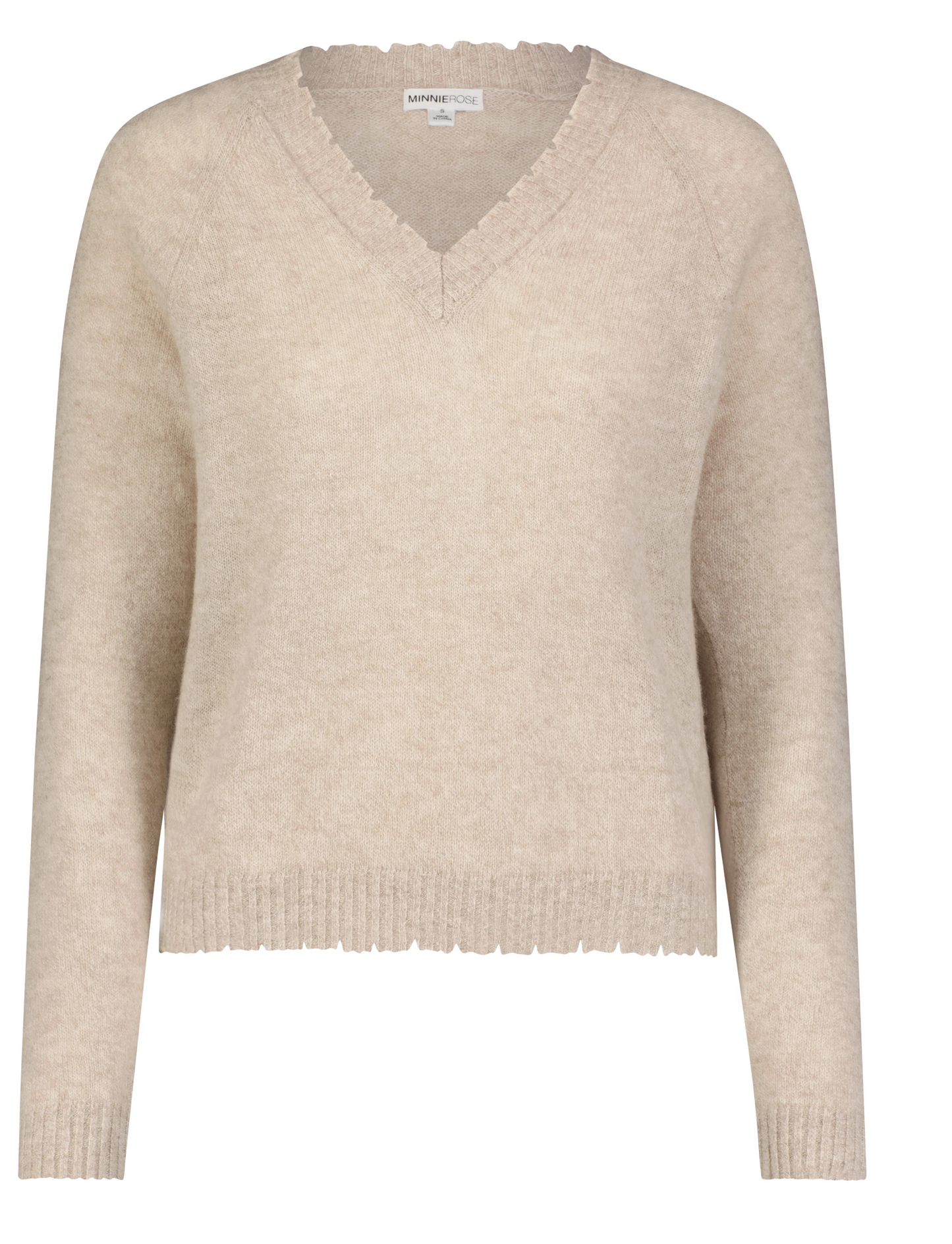 Cashmere Frayed Edge Cropped V-Neck in Ecru