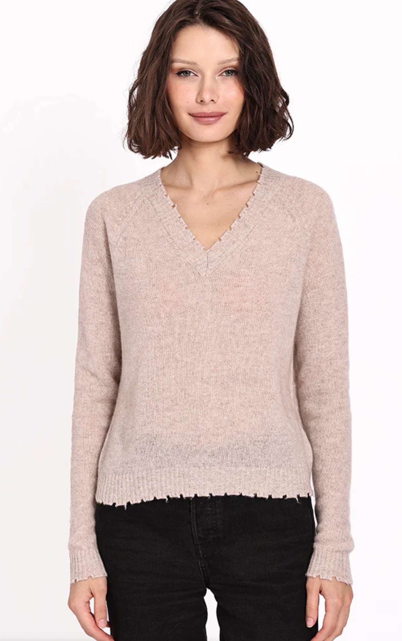 Cashmere Frayed Edge Cropped V-Neck in Ecru