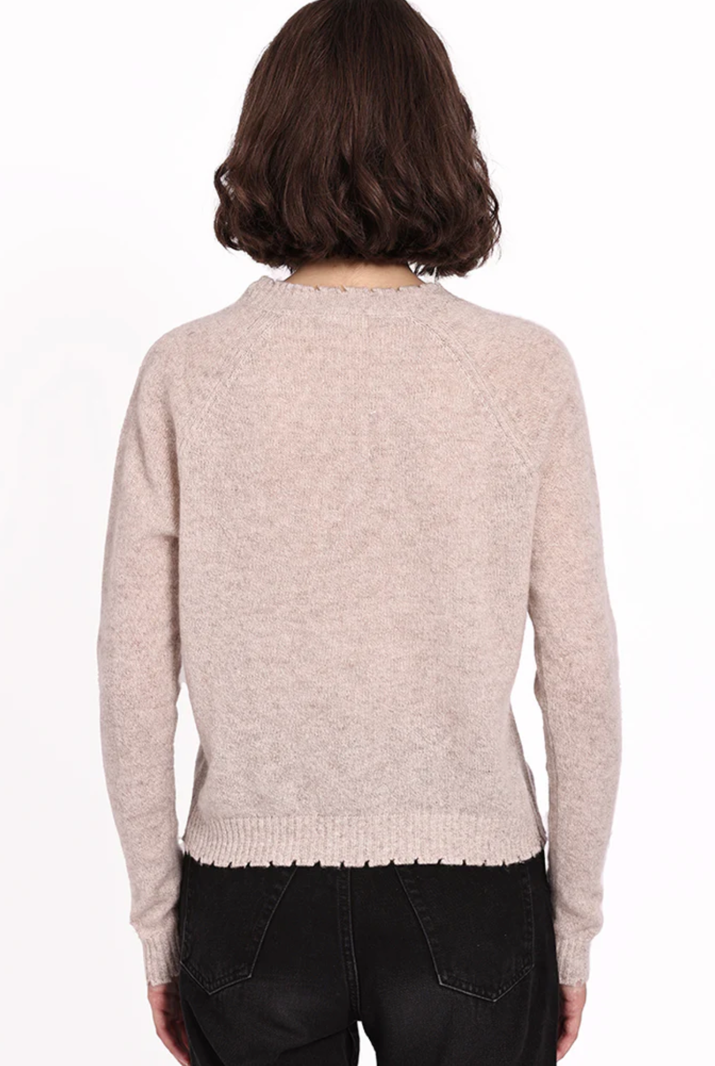 Cashmere Frayed Edge Cropped V-Neck in Ecru