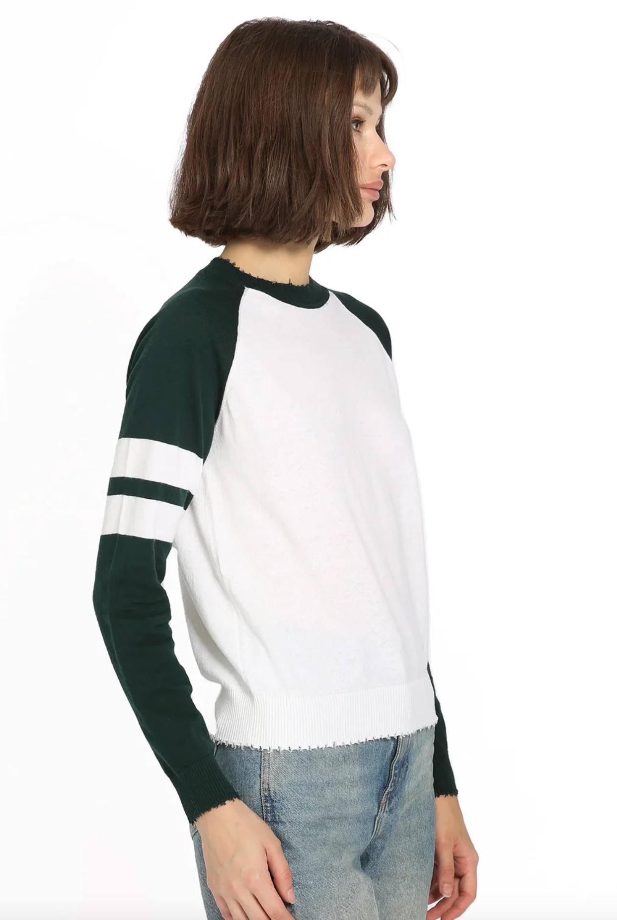 Cotton Cashmere Frayed Crew with Arm Stripe