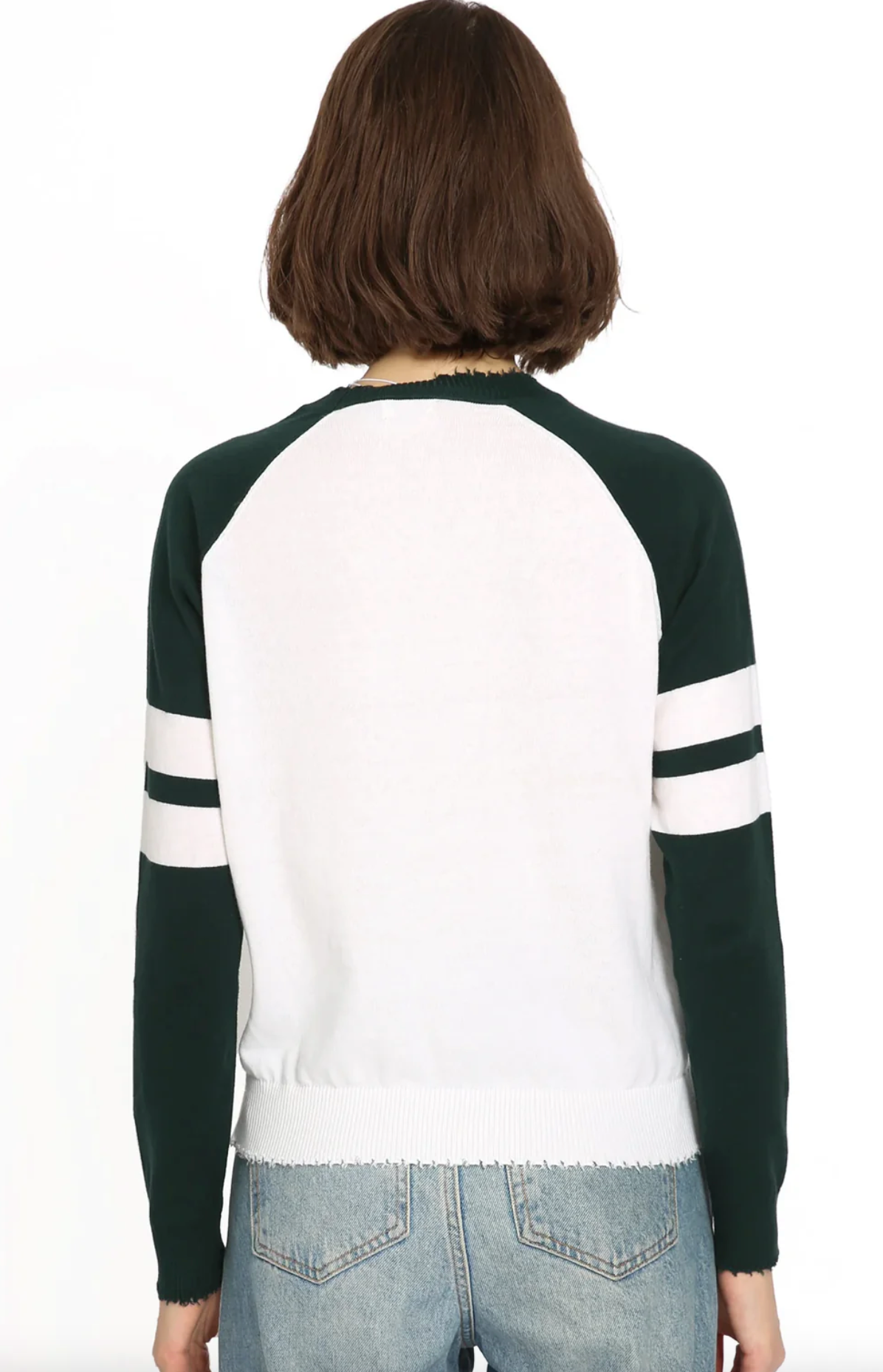 Cotton Cashmere Frayed Crew with Arm Stripe