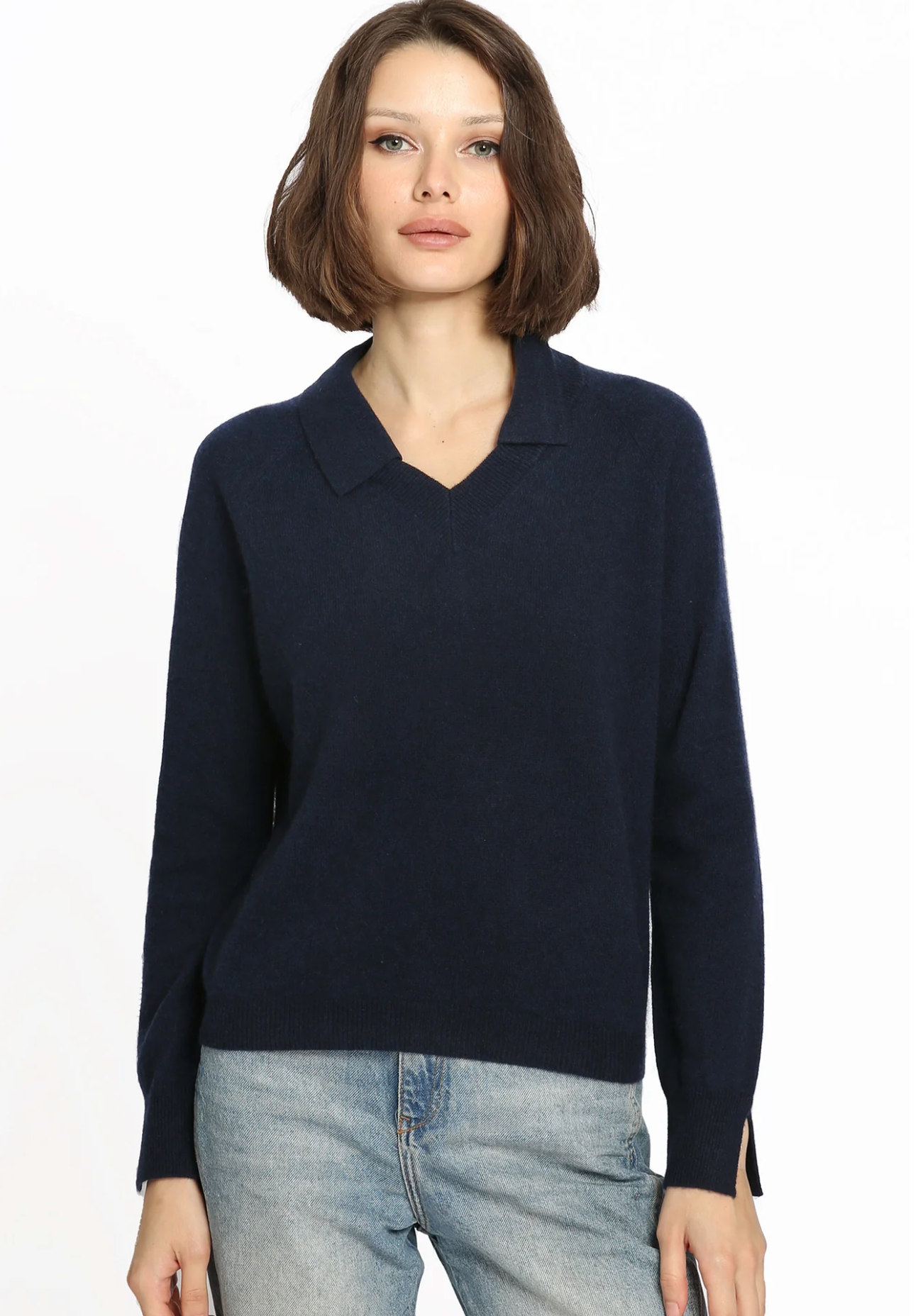 Cashmere V-Neck Pullover wth Collar