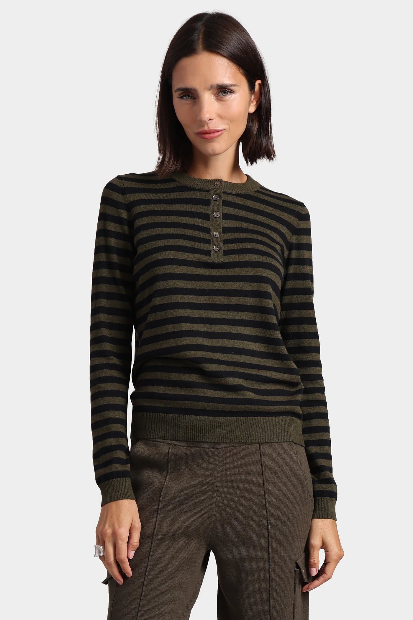 Cotton Cashmere Striped Crew Neck Henley