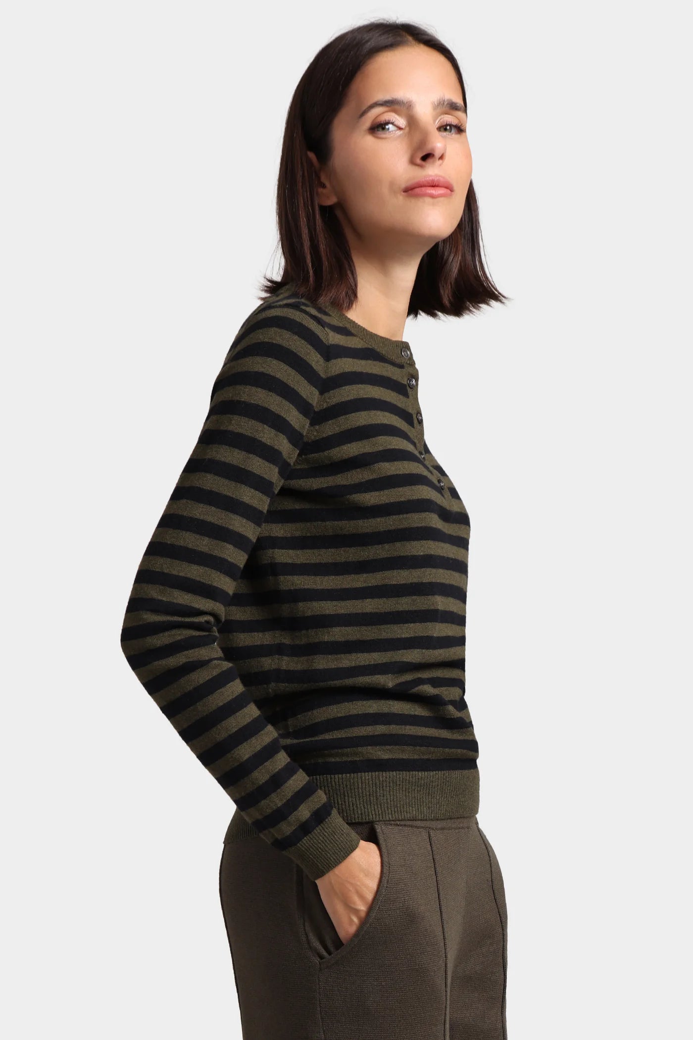 Cotton Cashmere Striped Crew Neck Henley