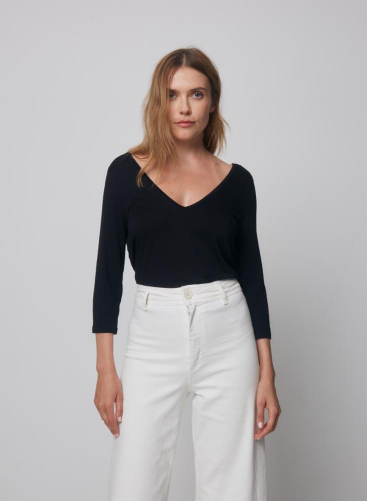 Soft Touch 3/4" Sleeve Double V-Neck Top