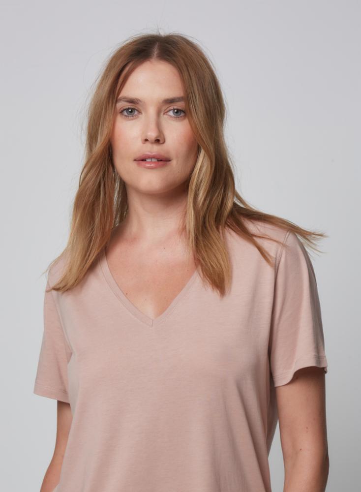 Lyocell Cotton Semi Relaxed V-Neck Top Rose