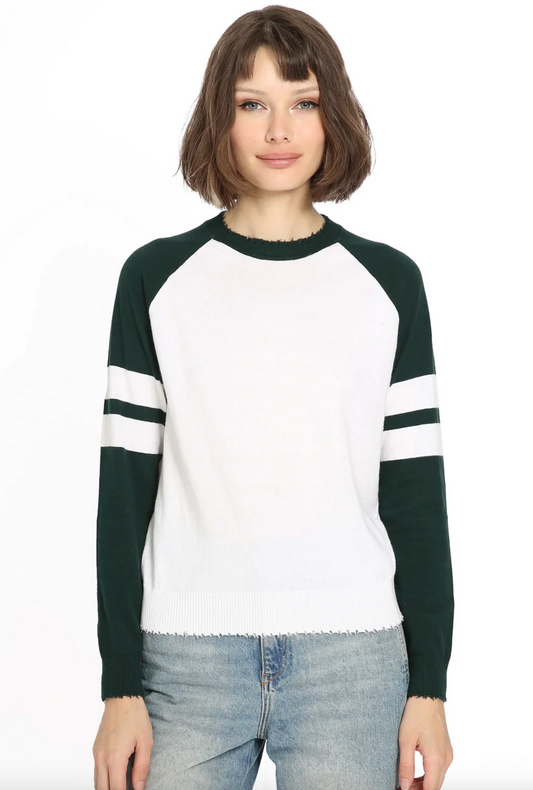 Cotton Cashmere Frayed Crew with Arm Stripe