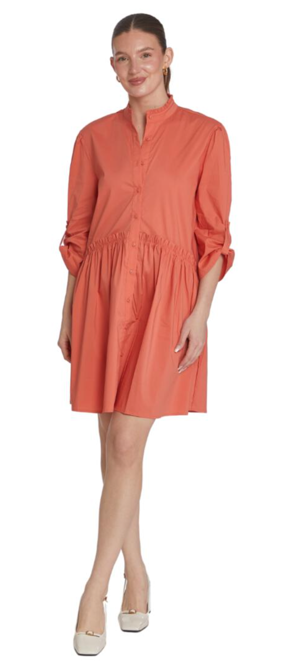 Cammie Ruffle Shirt Dress in Burnt Orange